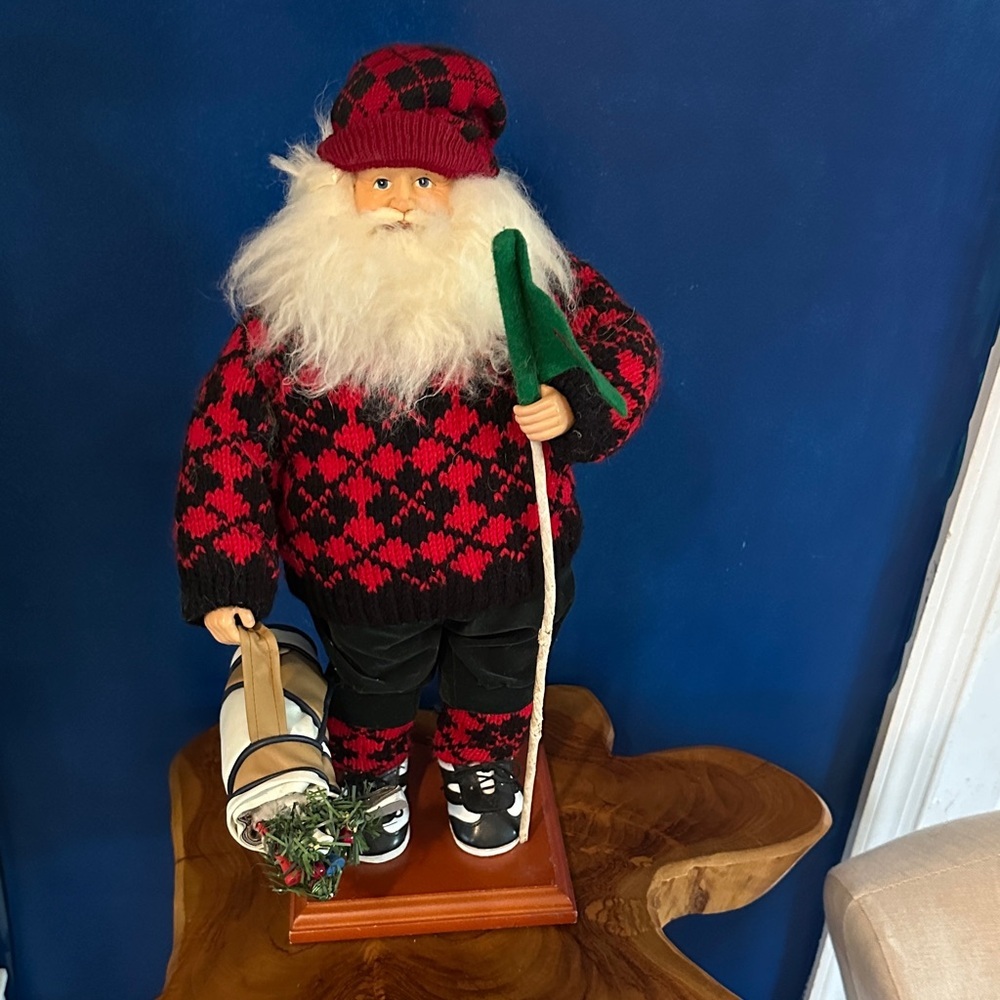 Vintage Golfing Santa Claus with Golf Bag, Clubs and wood base - 17 inches tall